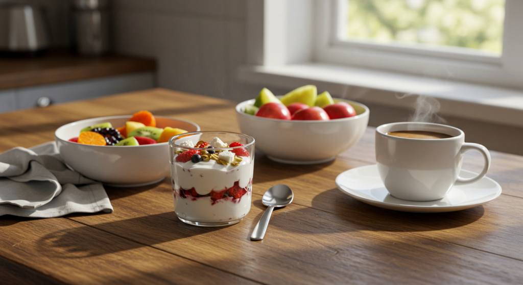 "Breakfast setup with Greek yogurt parfait, coffee, and fresh fruits"