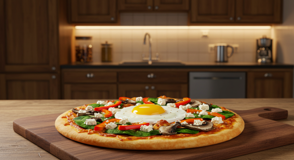 "Vegetarian breakfast pizza with spinach, bell peppers, mushrooms, and feta cheese."