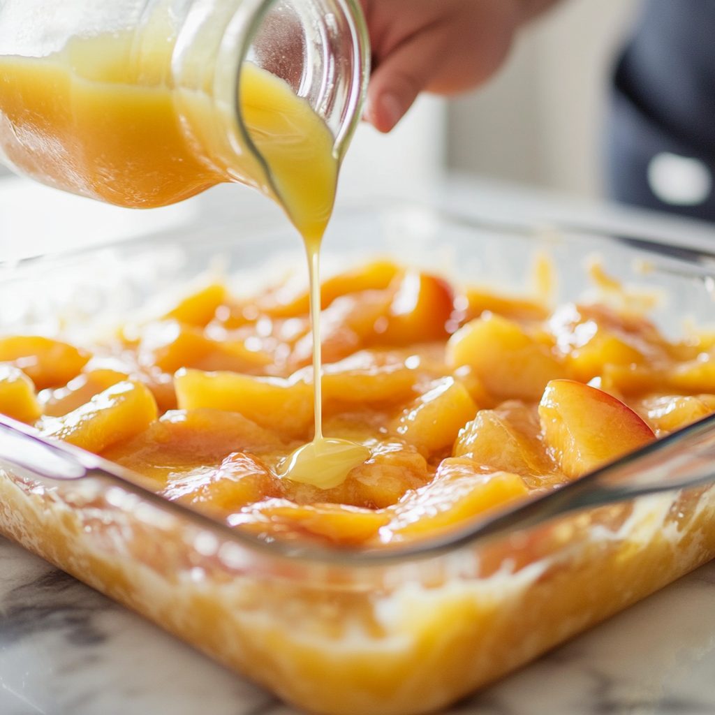 Pouring melted butter over dry cake mix for peach cobbler.