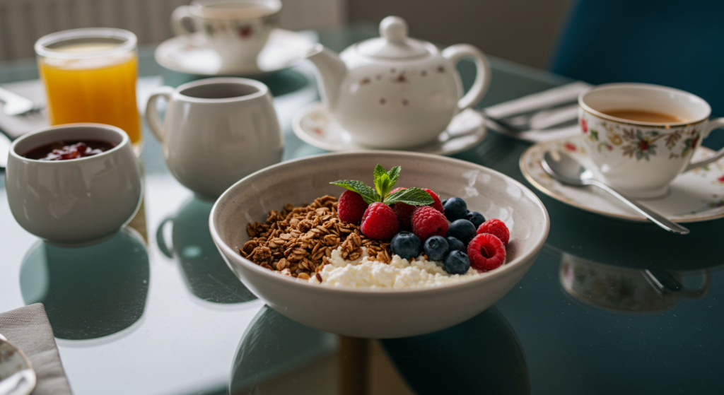 Cottage cheese parfait with granola and berries on a glass table
