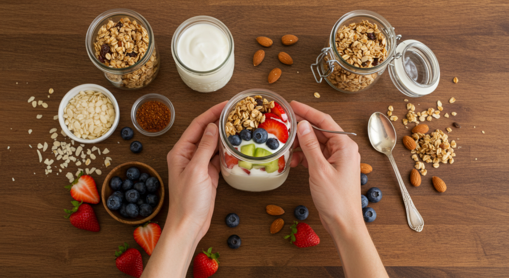"Hands layering Greek yogurt, fruits, and granola in a mason jar"