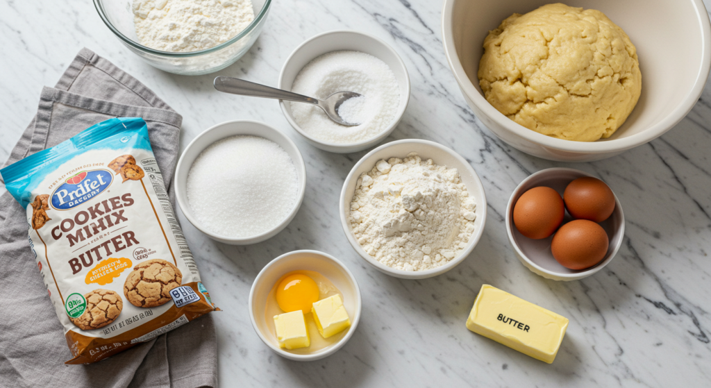 - **Alt Text**: Cookie mix ingredients laid out on a marble countertop, ready for baking.