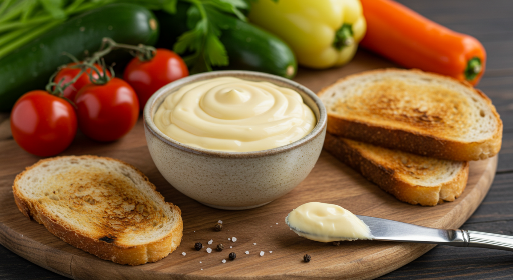 Vegan mayonnaise in a bowl with fresh veggies and bread