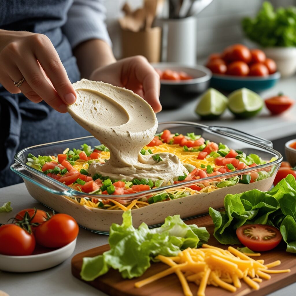 Hands spreading taco dip in a dish with fresh toppings nearby.
