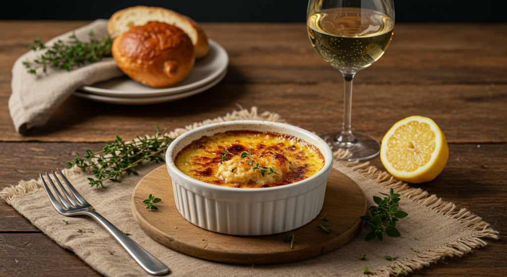 Plated crab brulee with wine pairing and garnishes