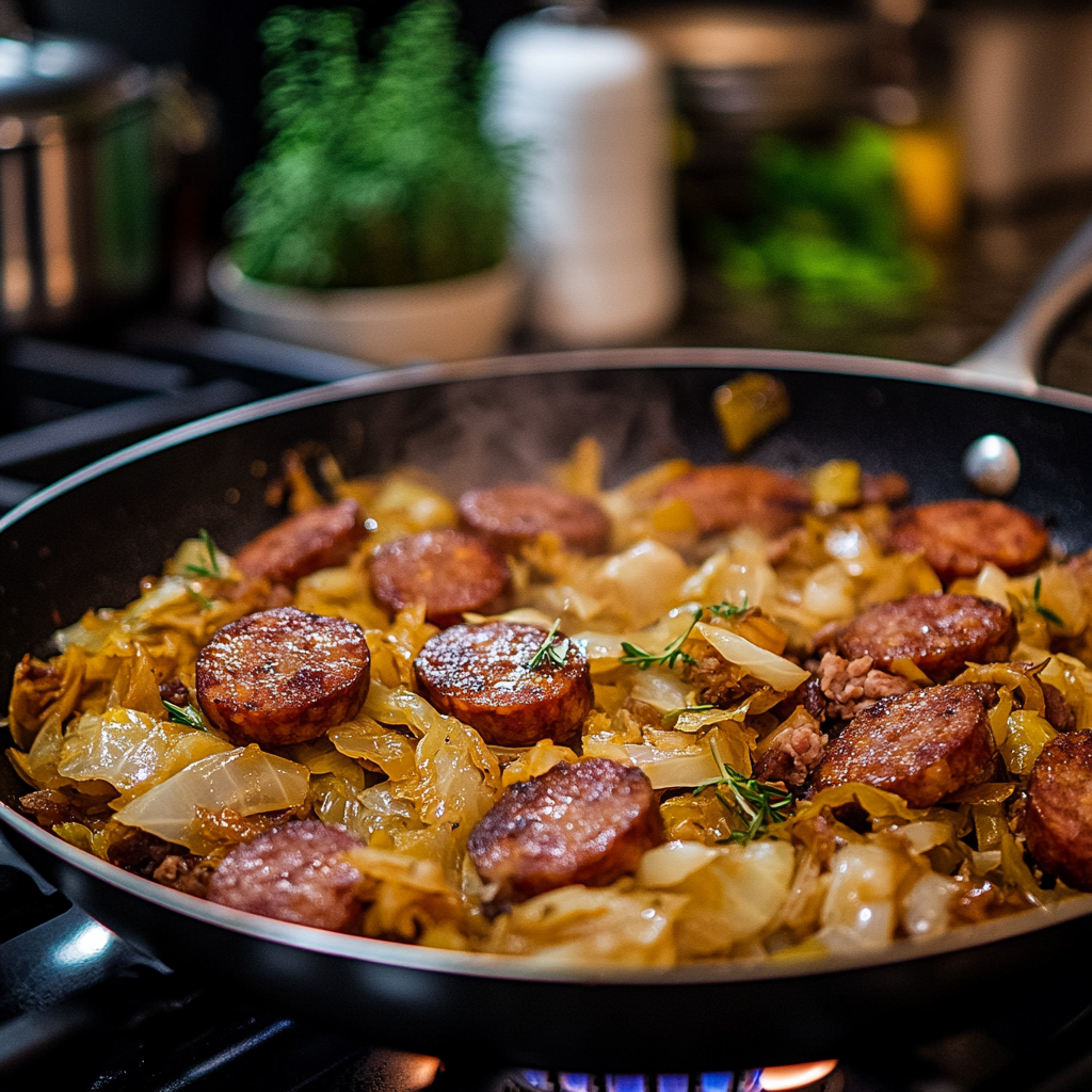 Cabbage and sausage sautéing in a skillet with garlic and onion.