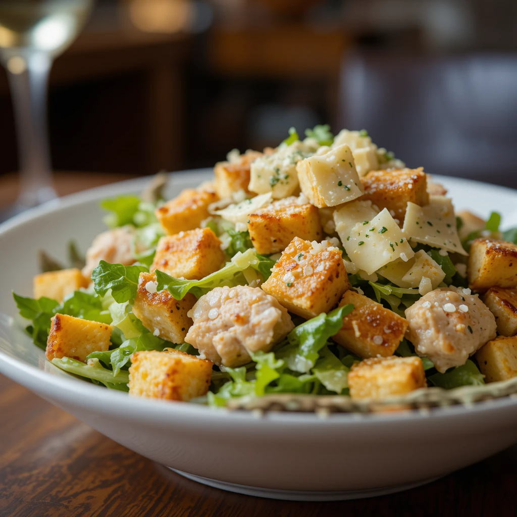"Bowl of Chicken Caesar Salad with croutons"